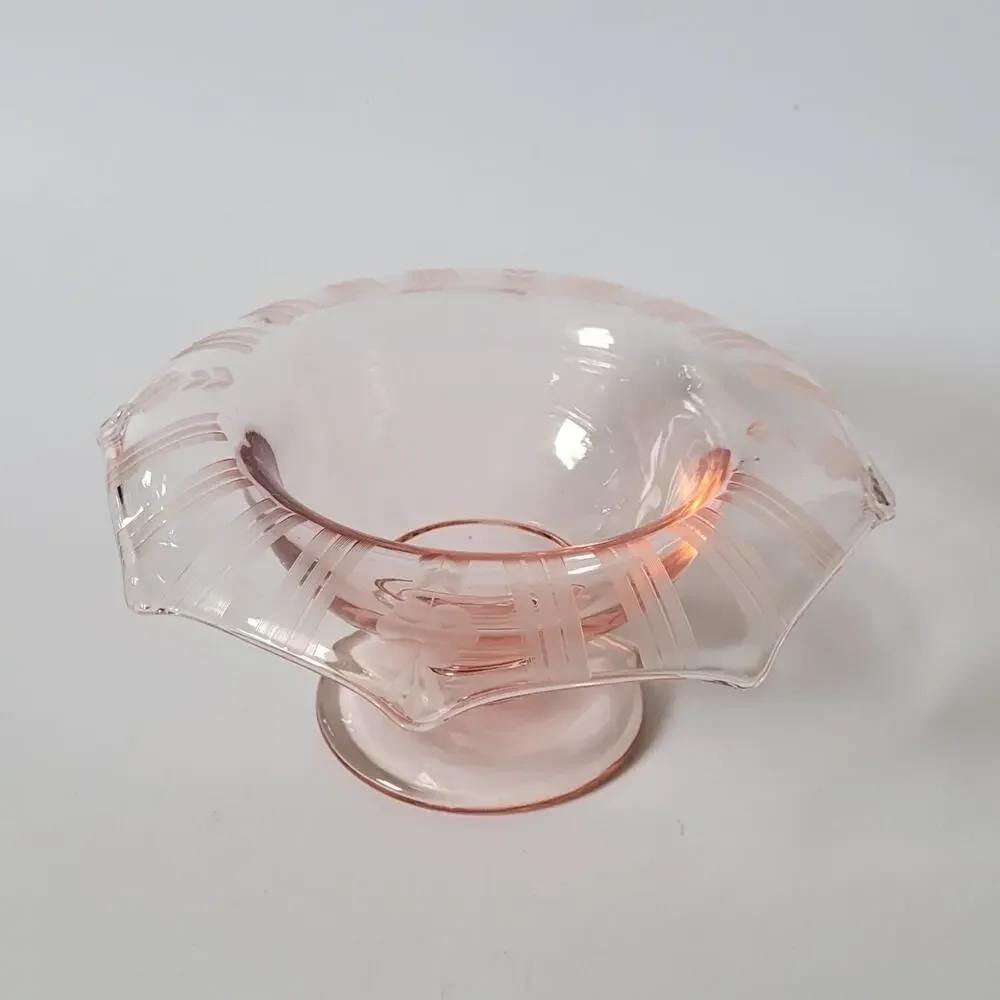 Vintage Pink Depression Glass Etched Rim Pedestal‎ Compote Bowl